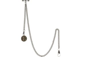 TREEWETO Men's Double Albert Chain Pocket Watch Curb Link Key Chain 2 Hooks with Antique St. Benedict Pendant Design Charm Fob T Bar