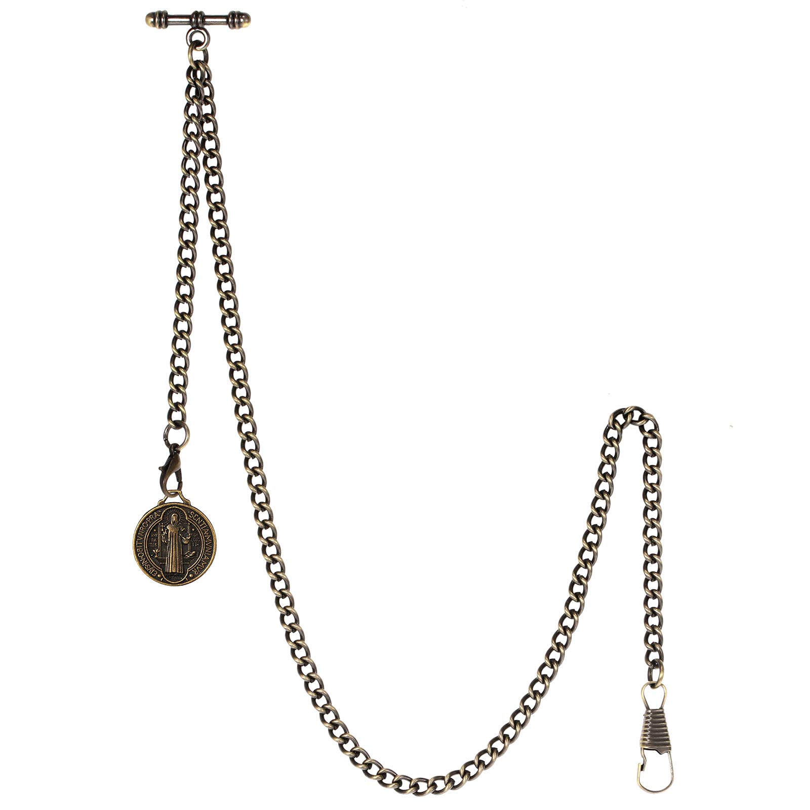 TREEWETO Men's Albert Chain Pocket Watch Curb Link Key Chain 2 Hooks with Antique Jesus Pendant Design Charm Fob T Bar, Bronze