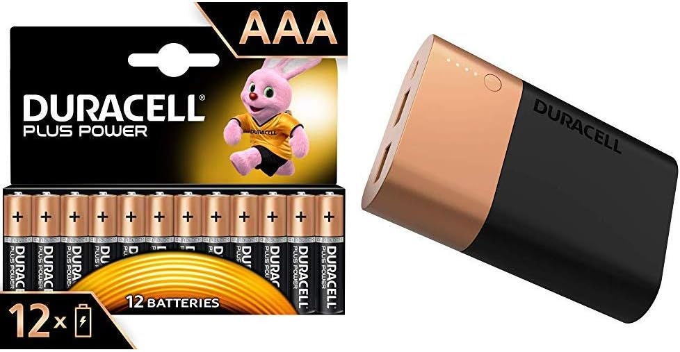 Duracell Plus Power Type AAA Alkaline Batteries, pack of 12 with Duracell Power Bank 10050 mAh