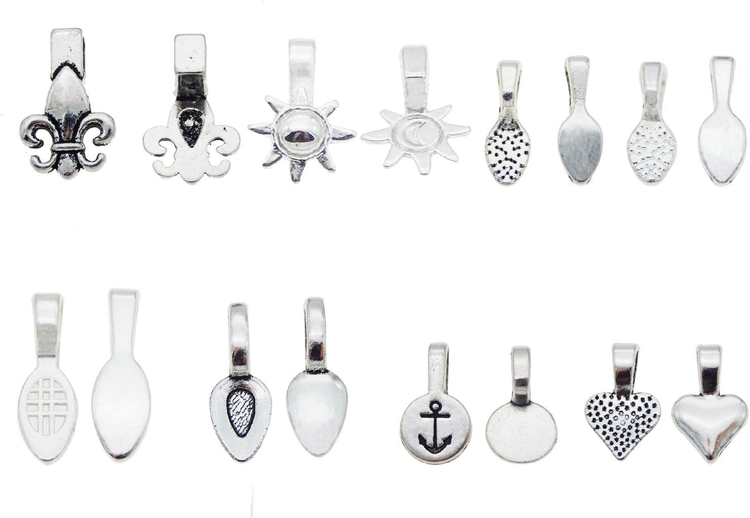 Julie Wang 120 pcs Mixed Glue on Bail Charm for Necklace Bracelet Pendants Jewelry Making Silver Color 8 Styles