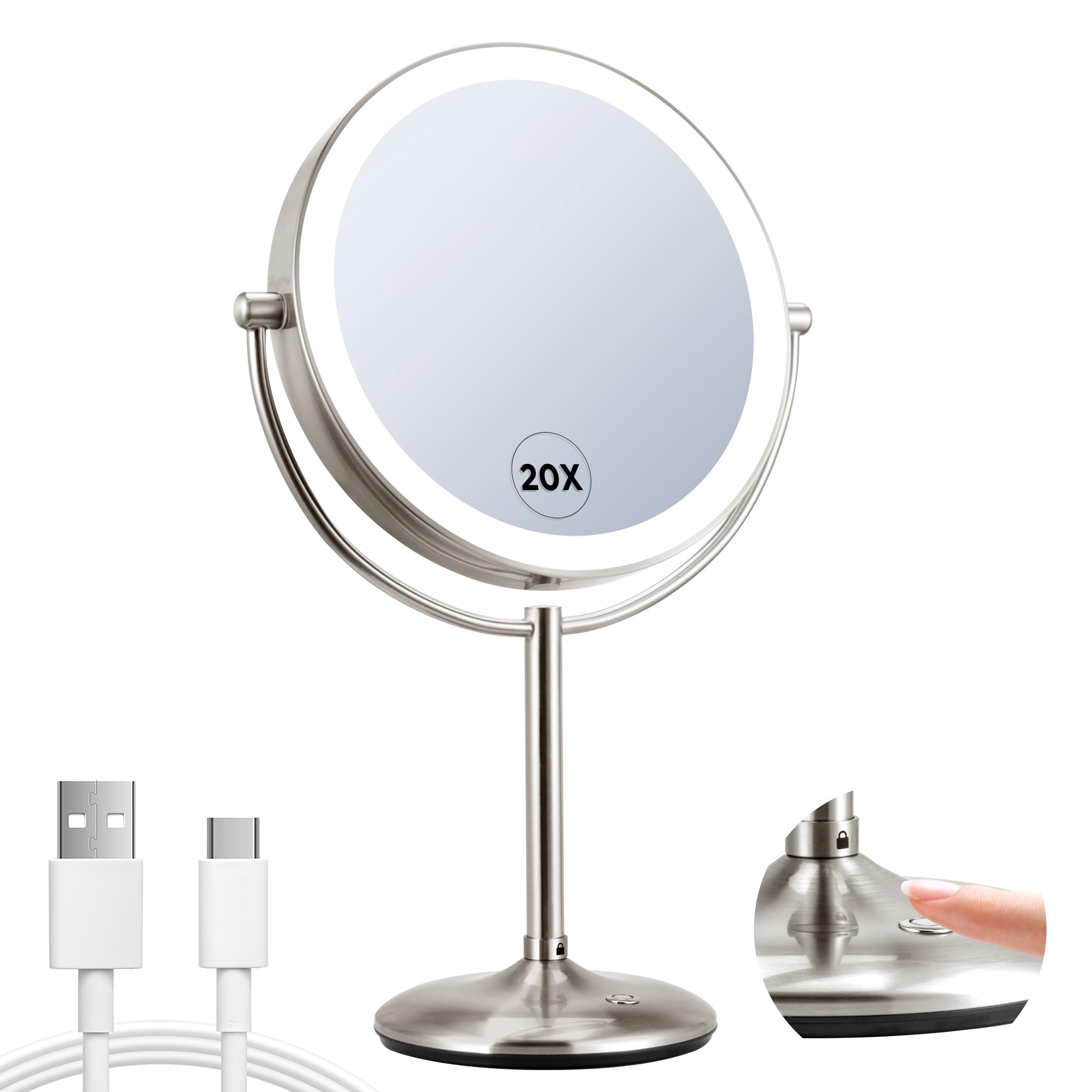 Photo 1 of VORREMIRR 9" Lighted Makeup Mirror, 1X/20X Rechargeable Magnifying Mirror with 3 Color Dimmable Lights for Bedroom Tabletop, Base Charging and Switch, Women Gift