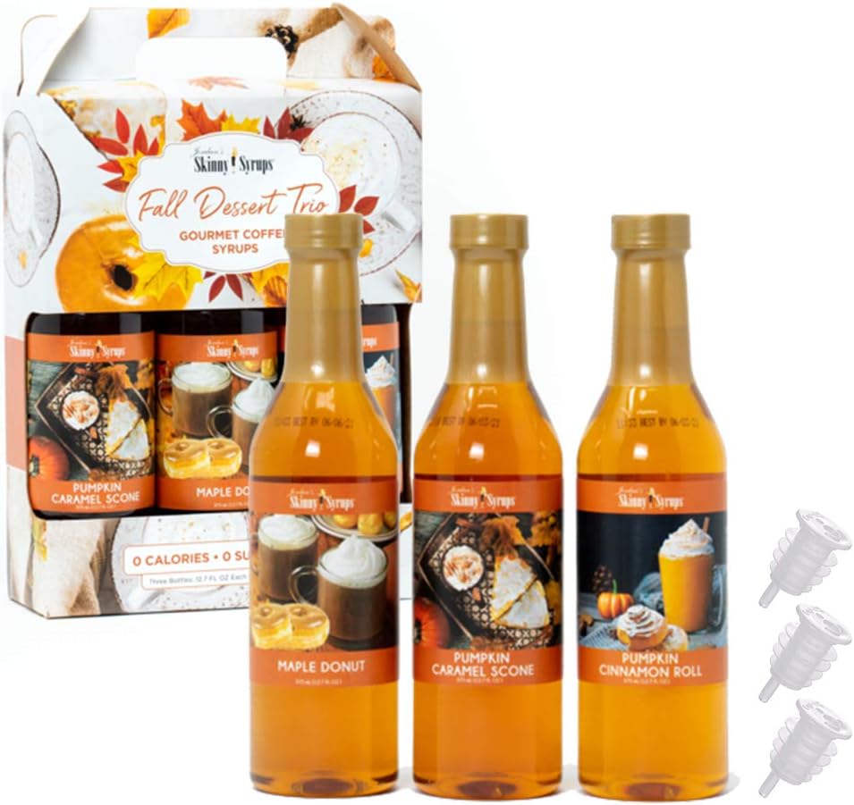 Fall Coffee Syrups Trio Gourmet Collection Gift Set | Pumpkin Cinnamon Roll, Pumpkin Caramel Scone & Maple Donut | 3 Free Bottle Pourer | Gluten Free 0 Calories 0 Sugar & 0 Carbs (Fall)