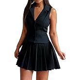 Skirt Suit Set for Women Summer Button Down V Neck Sleeveless Blazer Vest Top A-Line Pleated Mini Skirt Set