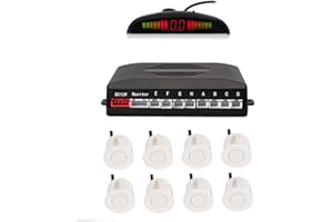 EKYLIN Car Reverse Parking Radar System with 8 Parking Sensors Distance Detection + LED Distance Display + Sound Warning (White Color)