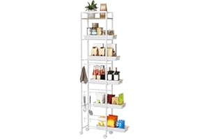 6 Tier Slim Storage Cart with Pull-Out Baskets Rolling Cart with Wheels Wood Top Narrow Utility Cart Metal Shelving Units for