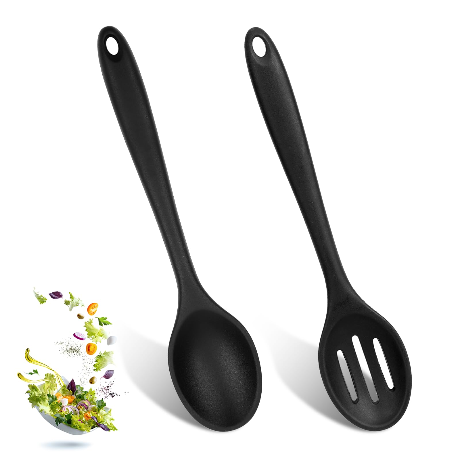 Photo 1 of 2 Pcs Silicone Cooking Spoon 7.87 Inch Cooking Utensils Set Large Non Stick Mixing Slotted Spoons Heat-Resistant Kitchen Utensils for Bake Stir Mixing Serving Draining Stirring (Black)