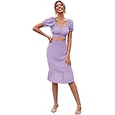 LYANER Women's 2 Piece Outfits Floral Self Tie Knot Crop Top and Midi Skirt Set