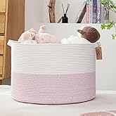 COMFY-HOMI New Extra Large Blanket Storage Basket 21''x21''x13.6''|Toy Organizers and Storage|Cotton Rope Woven Round Basket for Blanket|Baby Basket for Newborn-White/Pink