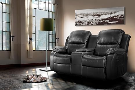 lifestyle4living Kinosessel 2-Sitzer, Kunstleder, schwarz | Hochwertiger 2er Cinema-Sessel/Sofa mit Getränkehalter & Liegefun