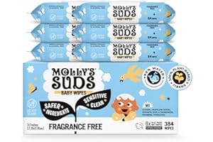 Molly's Suds Sensitive Clean Baby Wipes | 99% Water, Plant-Based, Fragrance Free | 384 Total Wipes (6 Flip-Top Packs)