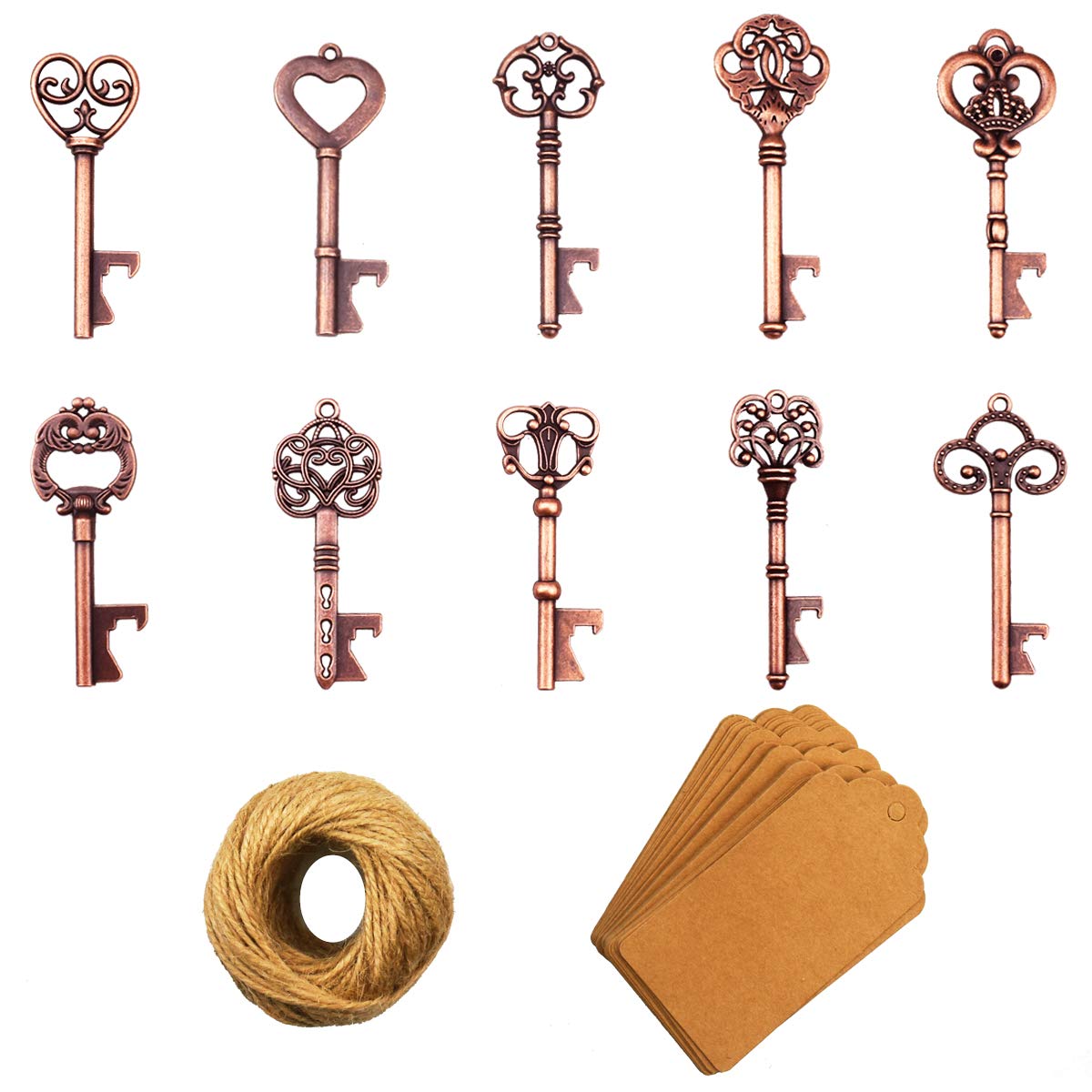 XONOR 50Pcs Vintage Skeleton Key Bottle Opener with Kraft Paper Gift Tags and Twine for Wedding Favors Antique Rustic Party Decoration (10 Styles, Copper)