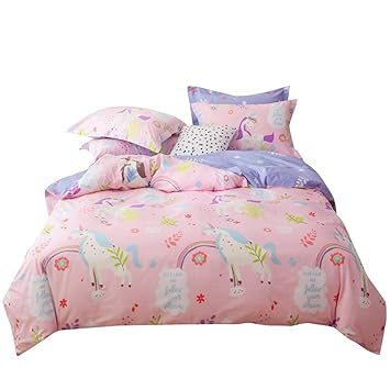 Mkxi Pink Duvet Cover Set Girl Bedding Unicon Theme Cartoon Toddler Girls Bedroom Set Queen Cute Pattern Bedding Set With Zipper For Teen Girls