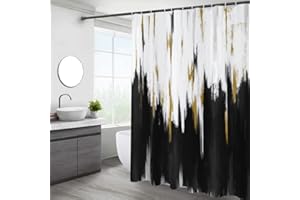 Caheansi Black and White Shower Curtain, Black White Gold Brush Strokes Graffiti Oil Painting Modern Art Abstract Bathroom Curtain Waterproof Fabric Machine Washable with Hooks, 72" Wx72 L
