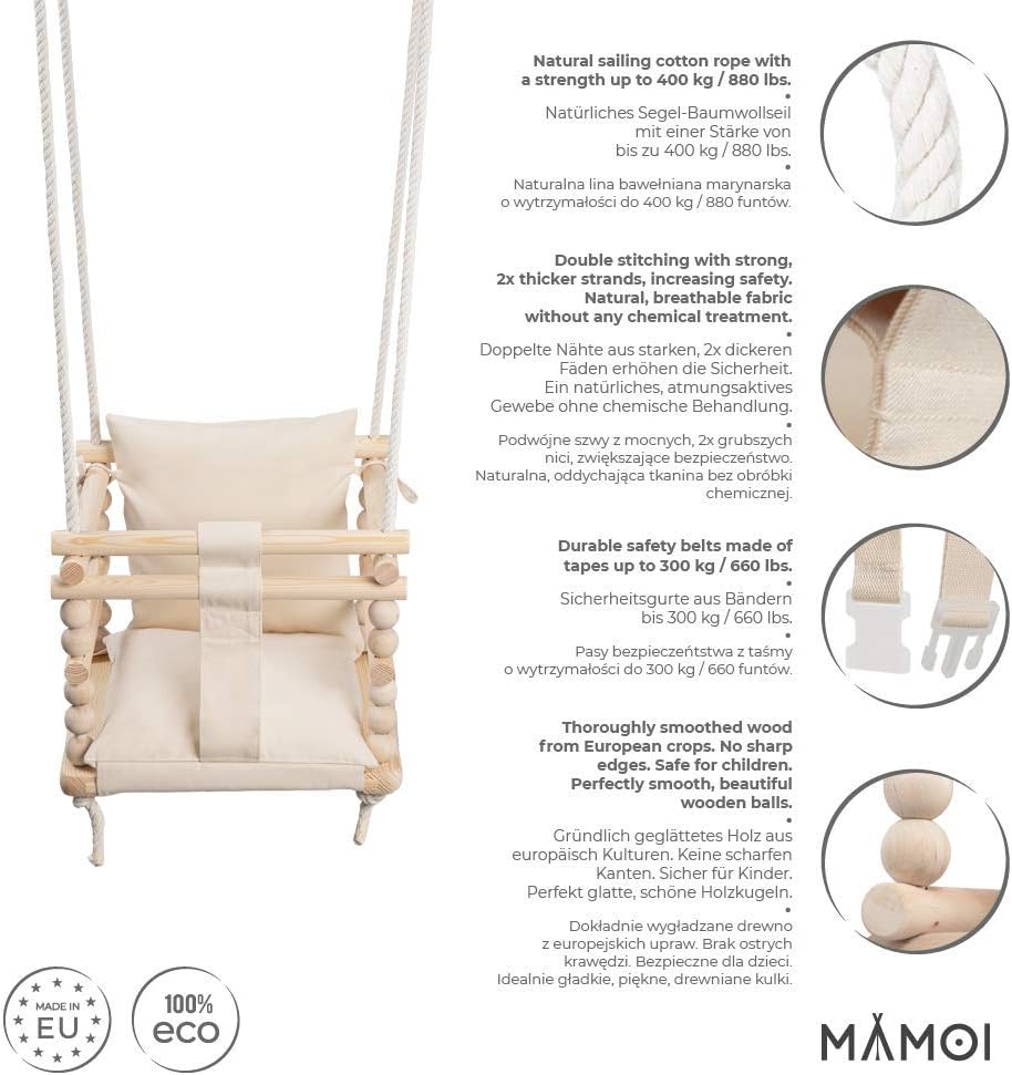 MAMOI Baby Swing Set, Wooden Swing, Ideal as Baby Swing Outdoor, Garden Swing, Indoor Swing. 2 in 1 Swing Set, 3 in 1 Swing That Grows with Kid, Includes Safety Belt … (Beige) - Image 4