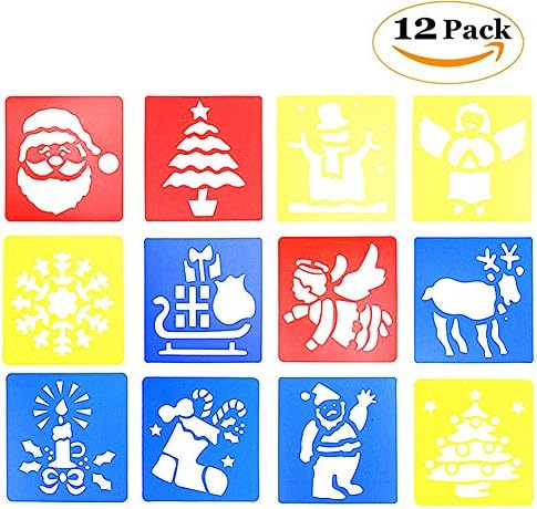 12 Pcs Plastic Christmas Painting Template Drawing Stencil for Kids Crafts DIY, Christmas Tree / Santa Claus / Snowman / Deer
