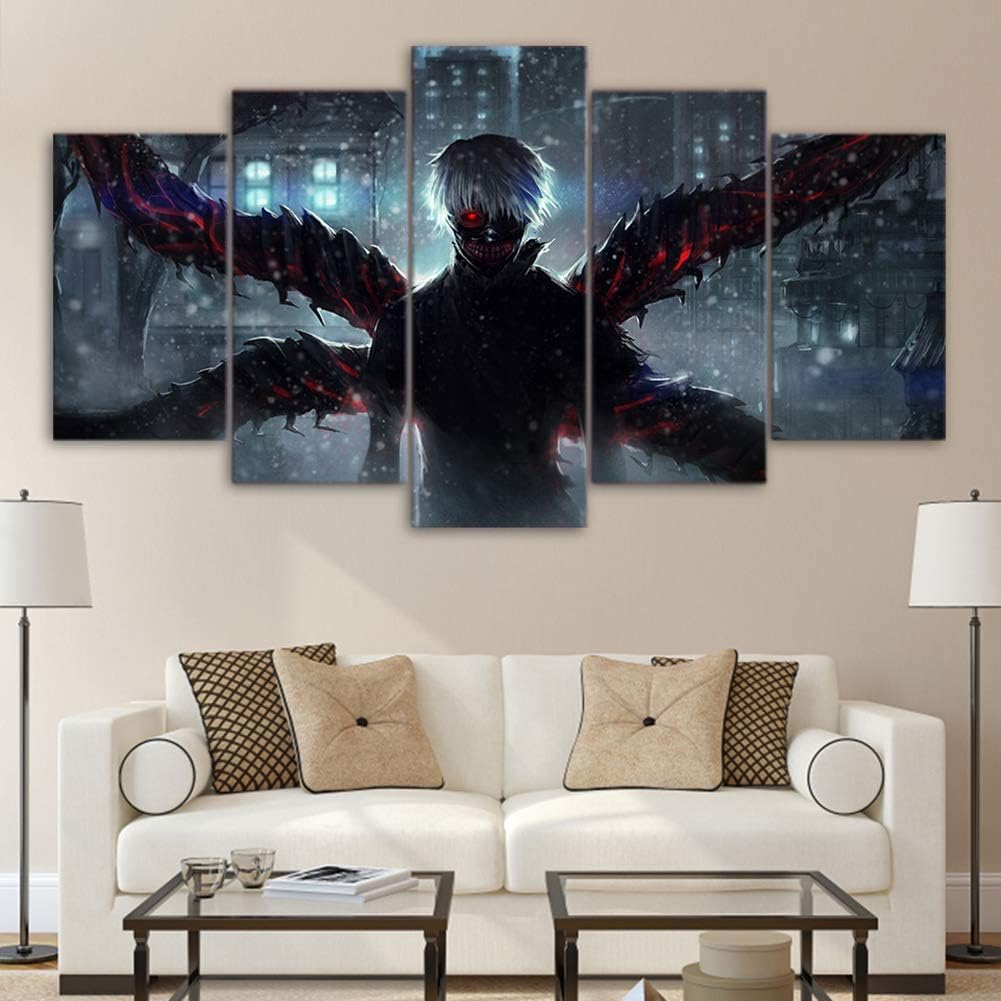 QJXX 5 Panels Paintings Artwork Tokyo Ghoul Pattern Poster Prints On Canvas Kaneki Ken Pictures Creepy Anime Manga Art Canvases Print Home Decoration,A,30×50Cm×2+30×70Cm×2+30×80Cm×1