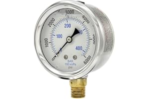 PIC Gauges PRO-201L-254S 0-6000 PSI Pressure Gauge, 2 1/2" Dial, 1/4" Male NPT Connection, Bottom Mount, Dual Scale, Glycerin Filled, Stainless Steel Case/Bezel, Brass Internals & Plastic Lens, 0/15
