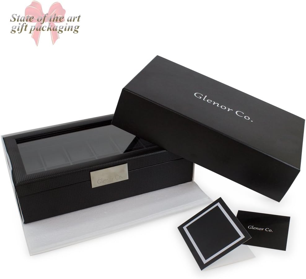 Glenor Co Watch Box with Valet Drawer for Men - 6 Slot Luxury Watch Case Display Organizer, Carbon Fiber Design -Metal Buckle for Mens Jewelry Watches, Men's Storage Holder Boxes has a Large Glass Top: Home & Kitchen