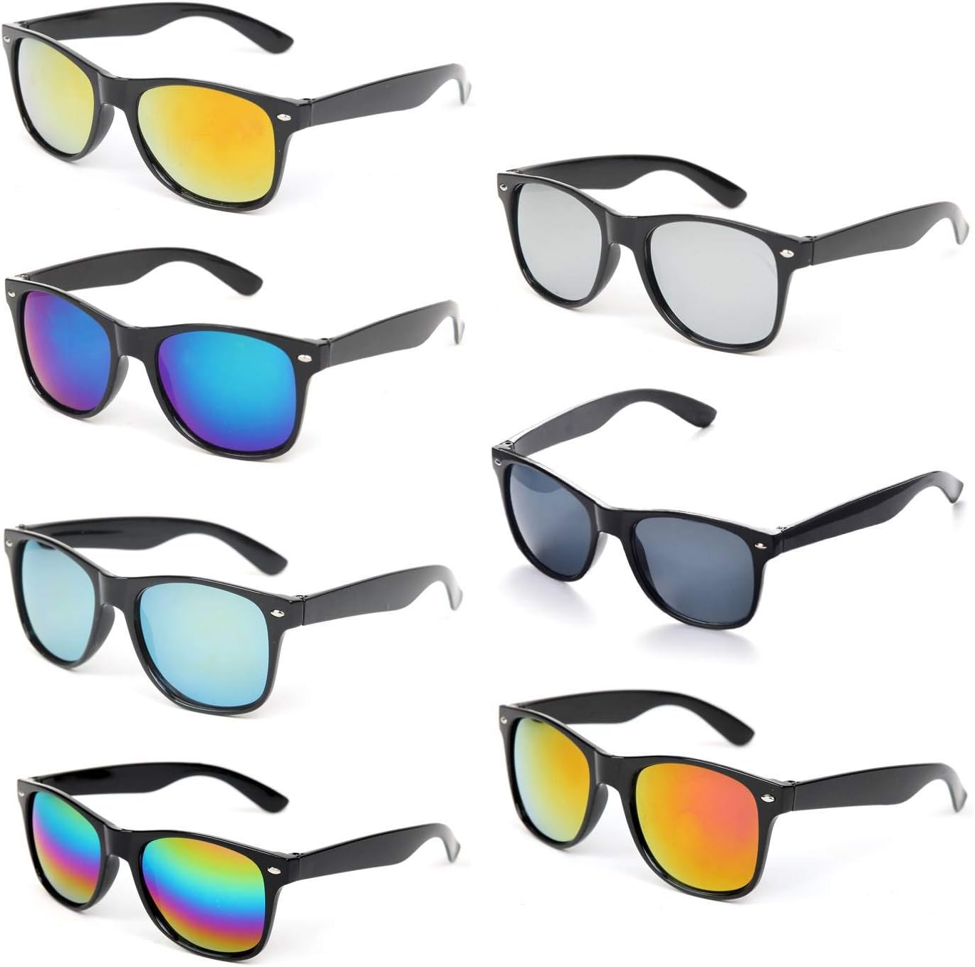 7 Packs Wholesale Unisex Mirrored Reflective Color Lens Retro Style Party Sunglasses for Men and Women