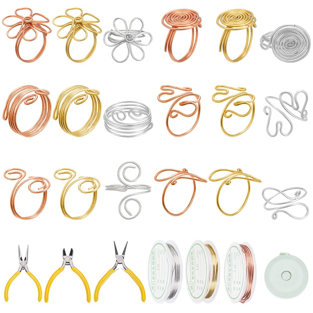 WEBEEDY 6 Styles Wire Wrapped Ring Making Kit for Making 45 Sets Rings,Wire Wrapped Crystal Rings for Adults Includes 3 Colors Jewelry Wires, Assorted Beads,Instruction,Valentine's Day Gift