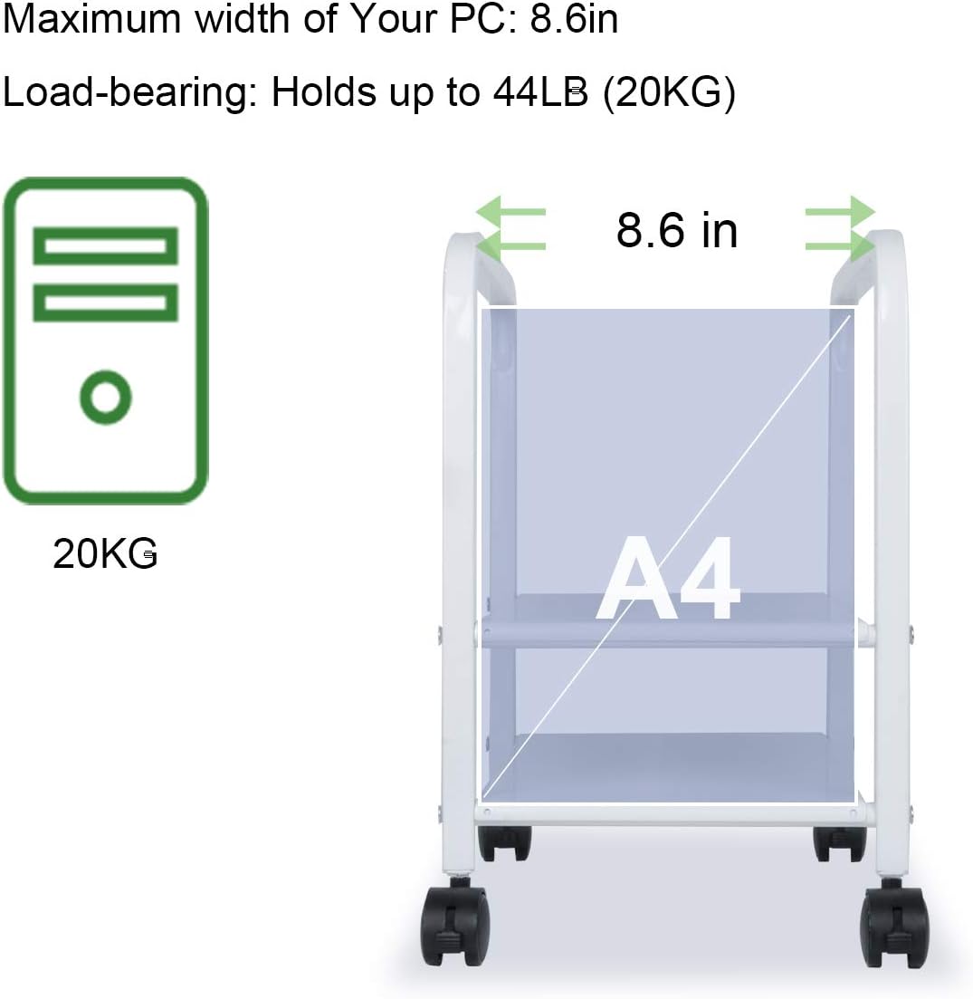 Computer Tower Stand, Desktop ATX-Case CPU Holder, 2-Tier Adjustable Steel Rolling Stand for ATX-Case Under 8.6" Wide, Mobile Tower Case Stand Cart with Locking Caster Wheels for Office Home, White: Office Products