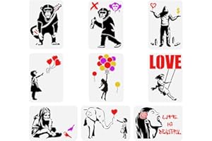 FINGERINSPIRE 9 pcs Banksy Painting Stencil 8.3x11.7inch Reusable Banksy Girl Boy Chimpanzee Pattern Drawing Template Life is Beautiful Decoration Stencil for Painting on Wood Wall Fabric Furniture