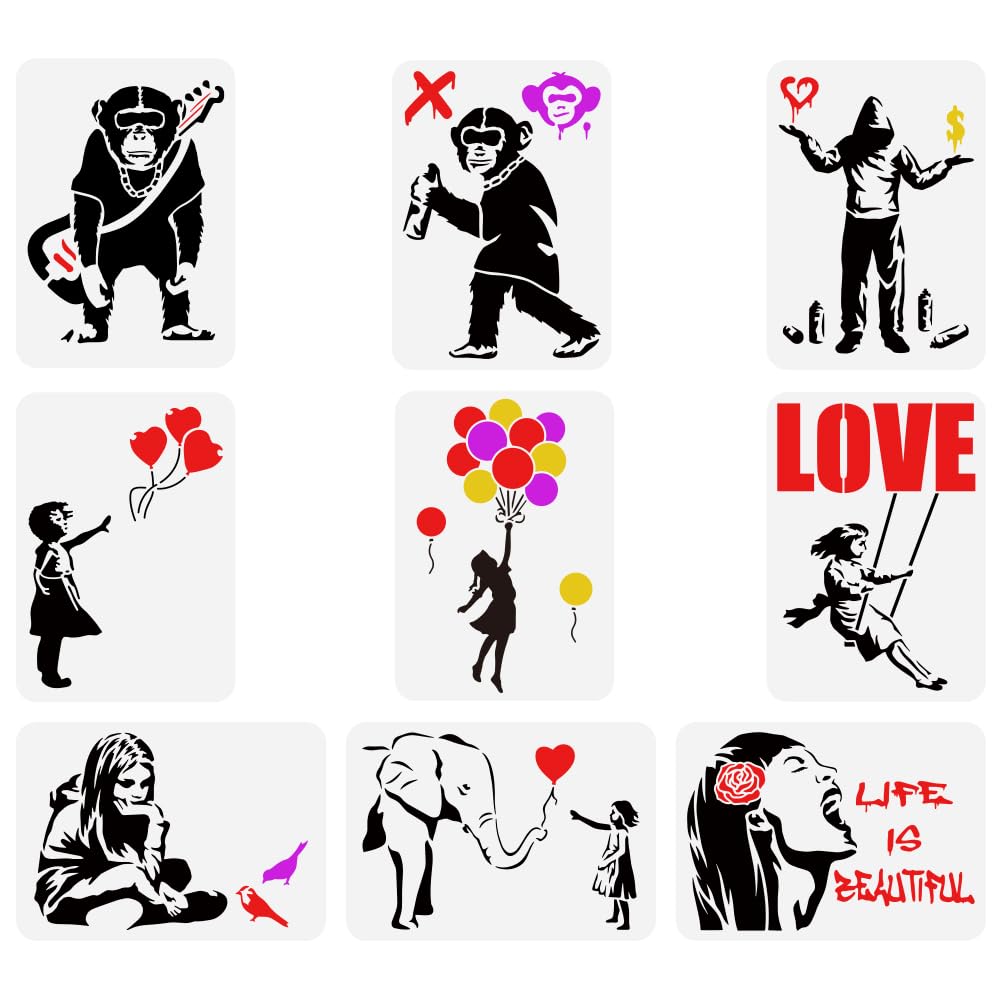 FINGERINSPIRE 9 pcs Banksy Painting Stencil 21x29.7cm Reusable Banksy Girl Boy Chimpanzee Pattern Drawing Template Life is Beautiful Decoration Stencil for Painting on Wood Wall Fabric Furniture