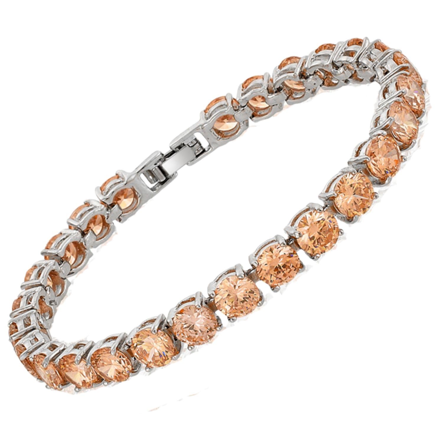 RIZILIA Tennis Bracelet [18cm/7inch] with Round Cut Gemstones CZ [Champagne] in 18K White Gold Plated, Simple Modern Elegance — image 1