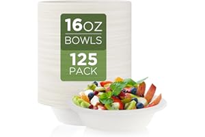 WGCC Disposable Paper Bowls 16 oz-125 Pack Composatable Paper Bowls Bulk,Heavy-Duty Biodegradable Paper Bowls, Eco-friendly Bowls Made of Natural Sugarcane Fibers,Wedding, Dinner, Salad, Dessert (White)