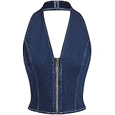 Floerns Women's Y2k Denim Halter Tops Backless Sleeveless Zipper Club Jean Crop Top