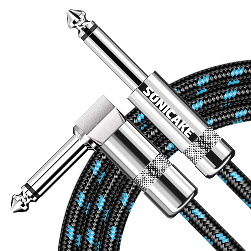 SONICAKE Braided Guitar Cable 3m/10ft Guitar Instrument Cable 6.35mm 1/4" Right Angle to Straight Black Blue — image 1