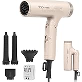 TOME Dual Voltage Travel Hair Dryer, Foldable Blow Dryer, DC Motor, 1200W Fast Drying, Cool Shot, 3 Heat 3 Speed, Nozzle, Diffuser, Air-Powered Wrap Wands, 120–240V Universal Adapter Pink