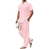 COOFANDY Men's 2 Piece Cotton Sets Casual Short Sleeve Henley Shirts and Beach Pants with Pockets Summer Vacation Outfits