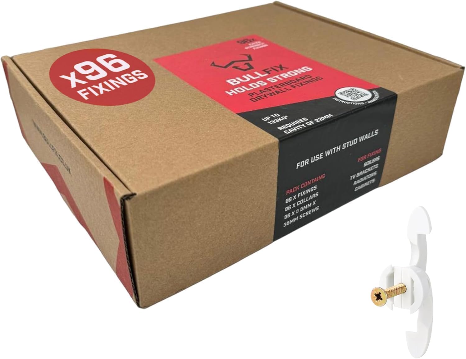 Bullfix Extra Plasterboard Fixings Heavy Duty Pack - 96 Pack, Drywall Anchor for Insulated Plasterboard, Stud & Hollow Cavity Wall Anchor Kit with Screws, Holds up to 133kg