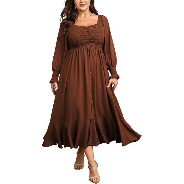 GGUHHU Women's Quilted Maxi Dress | Thick High-Neck A-Line Winter Dress With Pockets, Brown