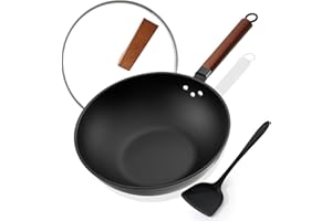 Kordisen Nonstick Wok with Lid, 13 Inch Woks & Stir Fry Pans Nonstick, Carbon Steel Wok for Cooking, Pre-Seasoned Flat Bottom