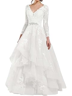 Vestido de Boda Vestido de Novia Mujer Vestidos de Fiesta Largo Manga Larga Tul V-Cuello