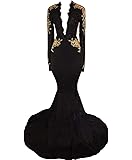 gracepromWomen's 2024 Backless Mermaid Prom Dresses Gold Lace Appliques Side Slit Long Sleeves Evening Gown