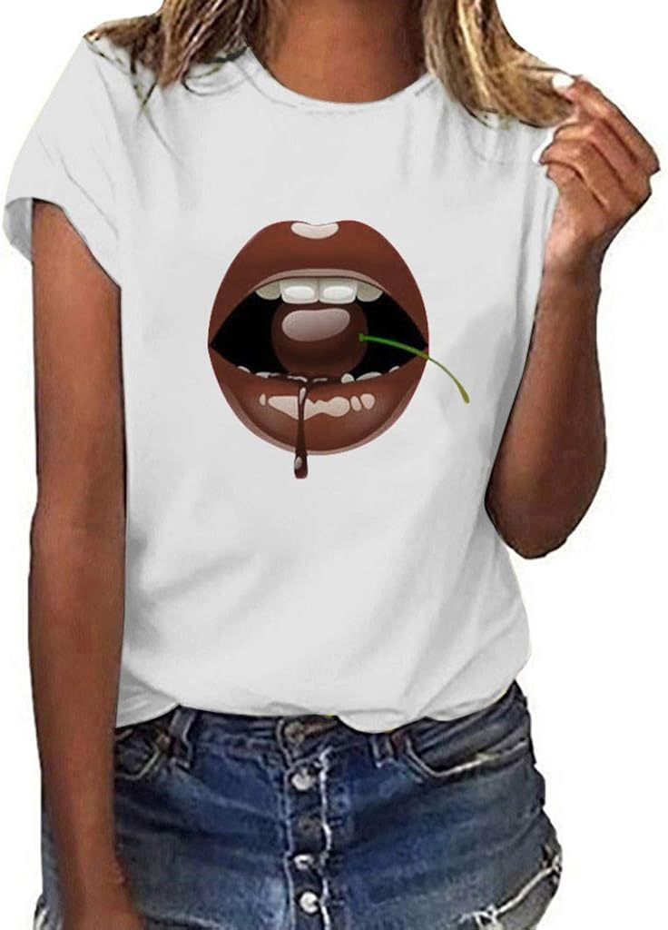 Women Girls Plus Size Lips Print Shirt Short Sleeve T Shirt Blouse Tops