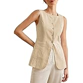 Mina Self 2026 Womens Summer Long Linen Vest Sleeveless Lightweight Fully-Lined Single Breasted Casual Work Tops Pockets