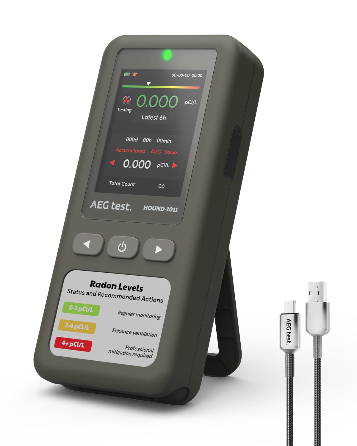 AEGTEST HOUND-1011 Portable Radon Detector for Home, Lightweight, High-Accuracy Sensor, 45-Day Monitoring, Easy-to-Use Radon Tester for Short- & Long-Term in pCi/L or Bq/m³, for Basement – Gray