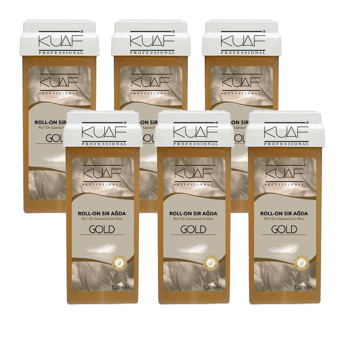 Kuaf Professional Roll on Wax Cartridge for Hair Removal, Hair Removal Roll-On, Wax Cartridge Roller for Legs and Arms, Depilatory Wax, Pack of 6 - Gold