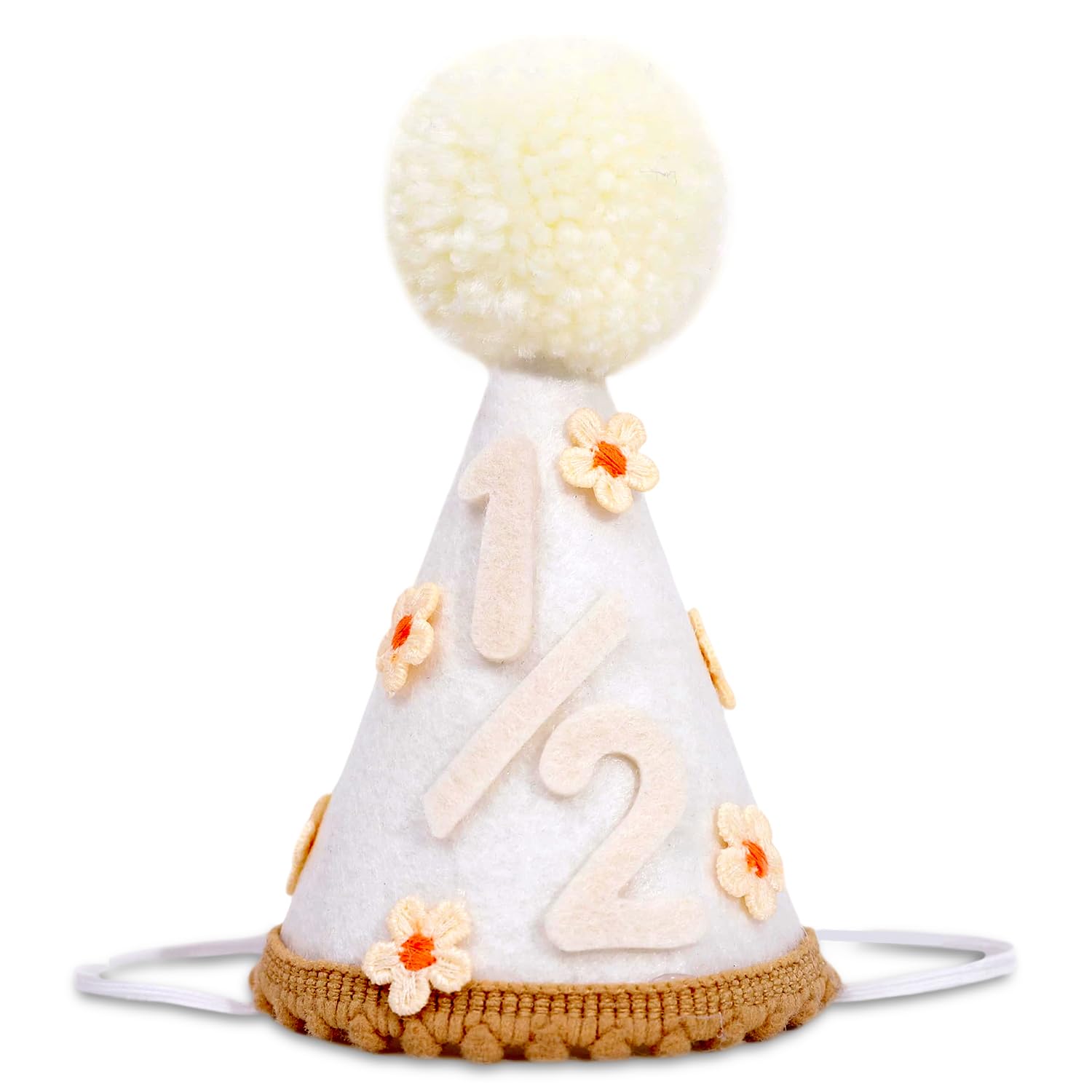 Laicaii 1/2 Birthday Hat,Half Birthday Hat with Pompom & Flowers, 1/2 Party Hat, Halfway to One Celebration Hat, Perfect for Half Birth Day Partys, Cake Smash Photos, Party Supplies (White)