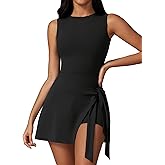 Dokuritu Tennis Dresses for Women Sleeveless Crew Neck Knot Romper Built in Shorts U-Shaped Back Workout Athletic Dress