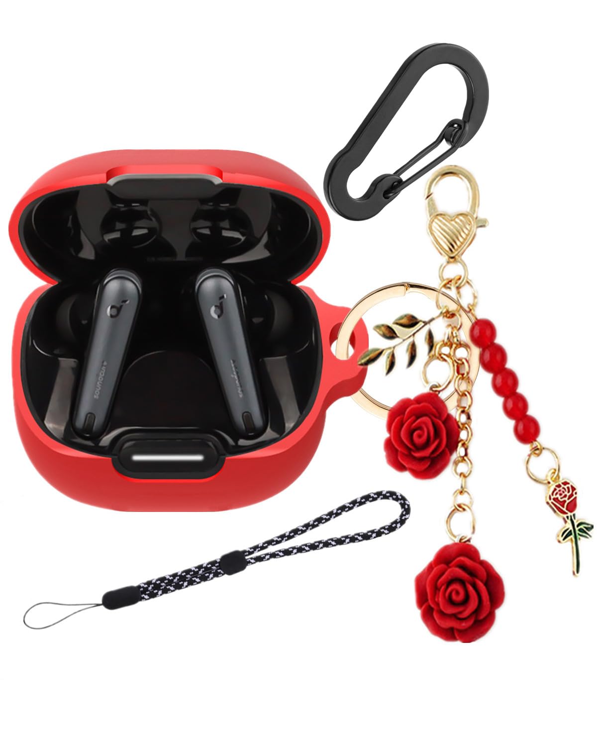 Photo 1 of Silicone Case for Anker Soundcore Liberty 4 NC with Cute Keychain Lanyard Shockproof Protective Cover Compatible with Earbuds Soundcore Liberty 4 NC Charging Box Case Cover for Women Men (Red)
