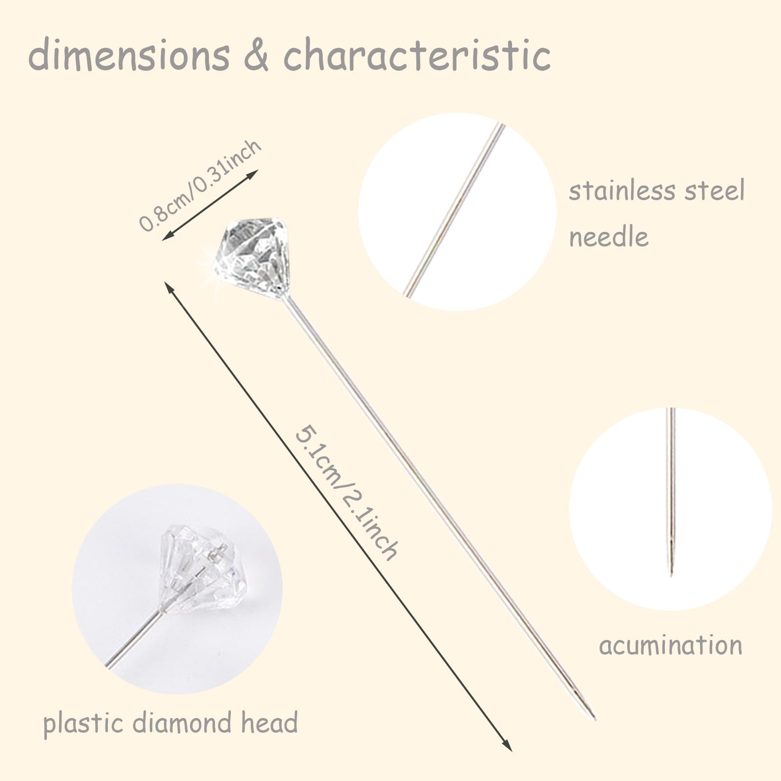 220PCS 2 Inch Diamond Rhinestones Pins Floral Flower Corsage Boutonniere Crystal Head Bouquet Clear Straight Pins for Wedding Bridal Hair DIY Decoration Accessories Jewelry Craft