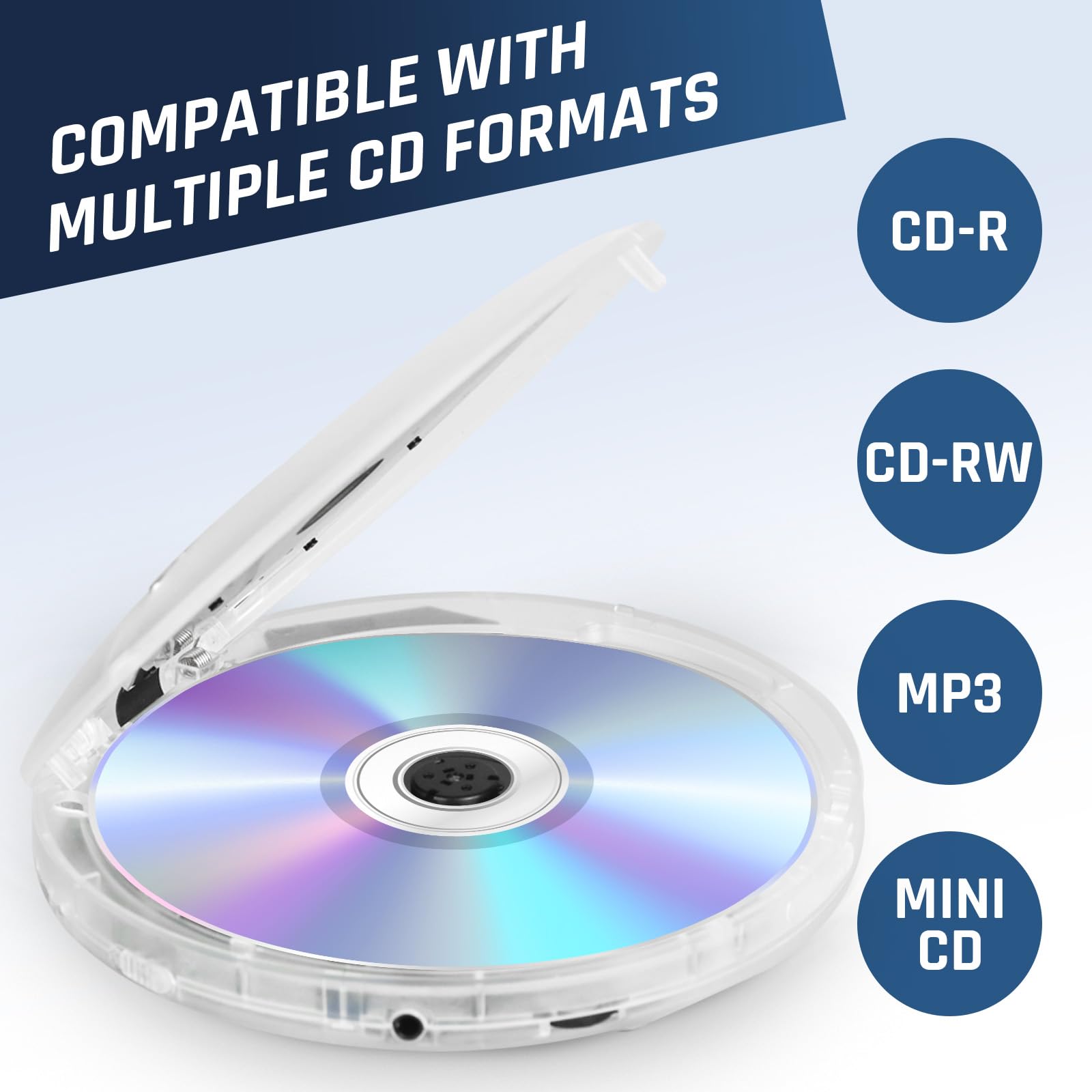 KLIM Discman Portable CD Player with Headphones, Built-in Battery - New - CD Players for Home, Car - Compatible w/SD Card CD CD-R CD-RW MP3 WMA - 5 EQ Effects - Walkman CD Player - Clear White