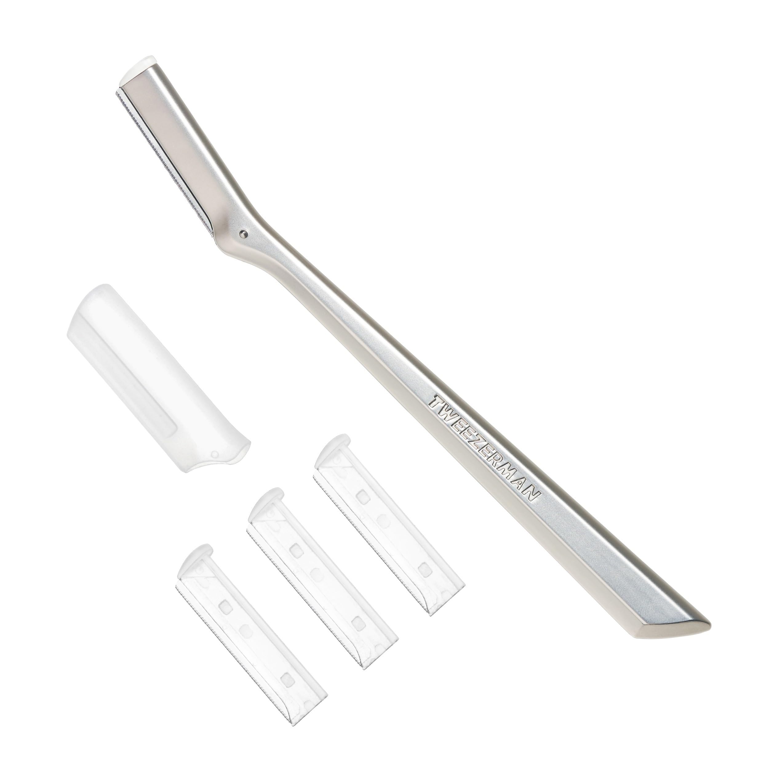 Tweezerman Dermaplaning Razor For Face, Exfoliating Facial Razor for Women & Men, with 3 Spare Blades Included, Stainless Steel, (Pack of 4)