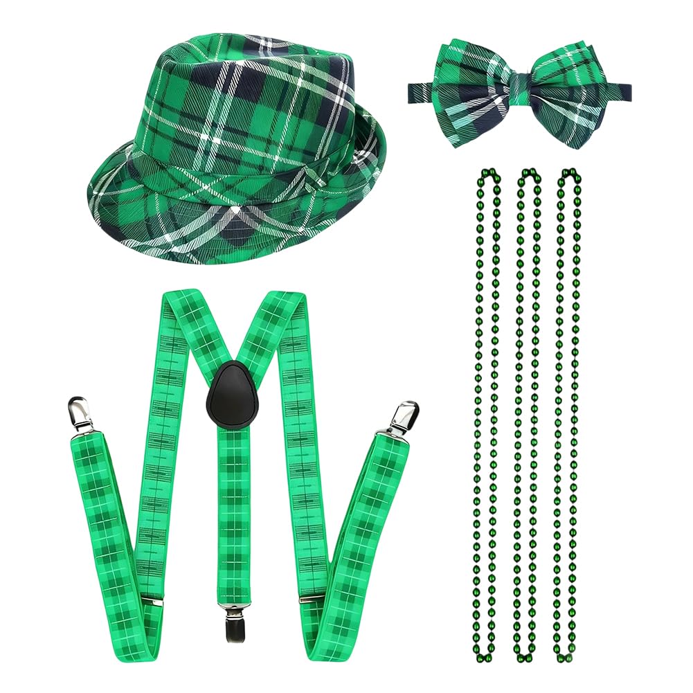 PyrrlicToy St. Patrick Day Costume Set, Green Brimless Hat Bow Shoulder Strap Necklace, Irish Saint Patrick's Day Fancy Dress Outfit for Party Parade