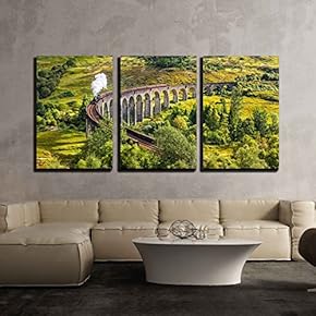 3 Piece Canvas Wall Art - Glenfinnan Railway Viaduct in Scotland with The Jacobite Steam Train Passing Over - Modern Home Art Stretched and Framed Ready to Hang - 16"x24"x3 Panels